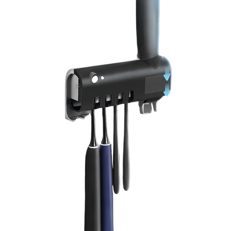 Sterilizzatore UV intelligente per spazzolini con spremi dentifricio automatico e porta-spazzolini, design elegante, di colore nero.