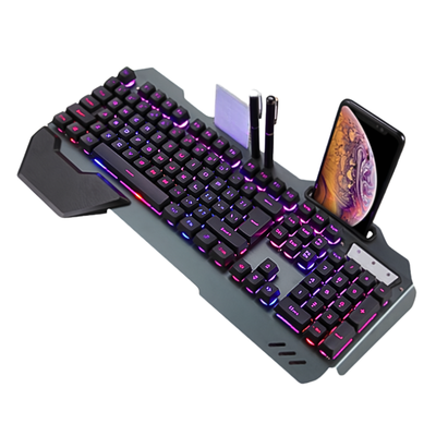 Tastiera meccanica cablata per gaming con RGB 16 modalità, nero, porta telefono, slot penna e carte, ergonomica.