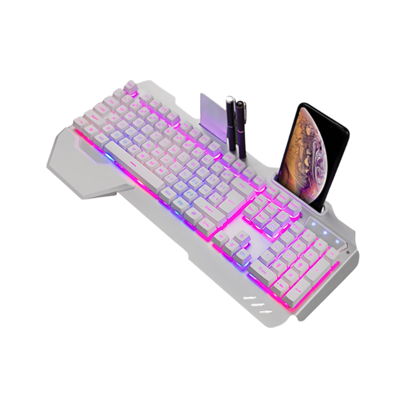 Tastiera meccanica cablata da gaming con RGB bianco, supporto telefono, slot penna e carta, ergonomica.