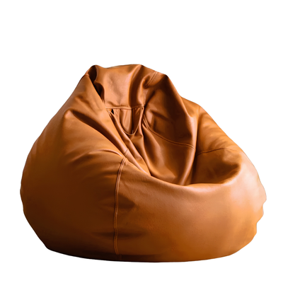 Pouf in pelle sintetica marrone, diametro 70 cm, imbottito, seduta lounge.