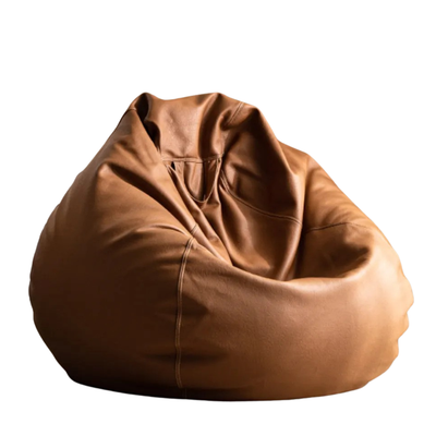Sacco a seduta in pelle sintetica marrone, diametro 70 cm, imbottito, pouf chaise longue.