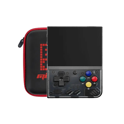 Console portatile retrò con schermo IPS HD da 3,5", D‑pad e pulsanti colorati, variante grigio/nero.