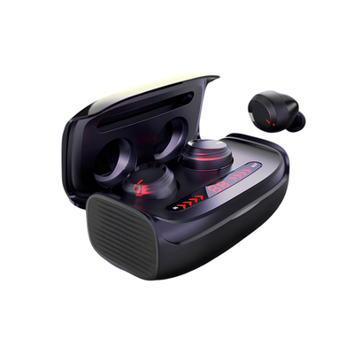 Auricolari wireless Bluetooth 5.0 in custodia con display batteria, controllo vocale e multipunto stereo.