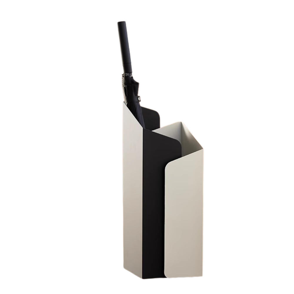 Portaombrelli metallico minimalista con secchio di drenaggio, bianco e nero.
