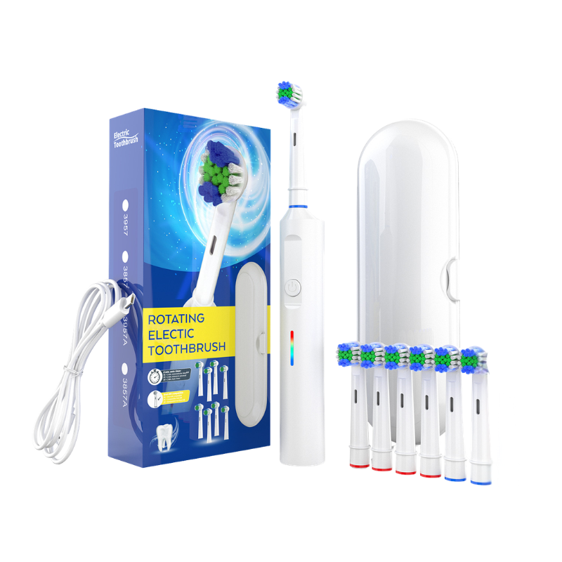 Spazzolino Elettronico Bianco Nero Custodia Viaggio 6 Testine Ricambio