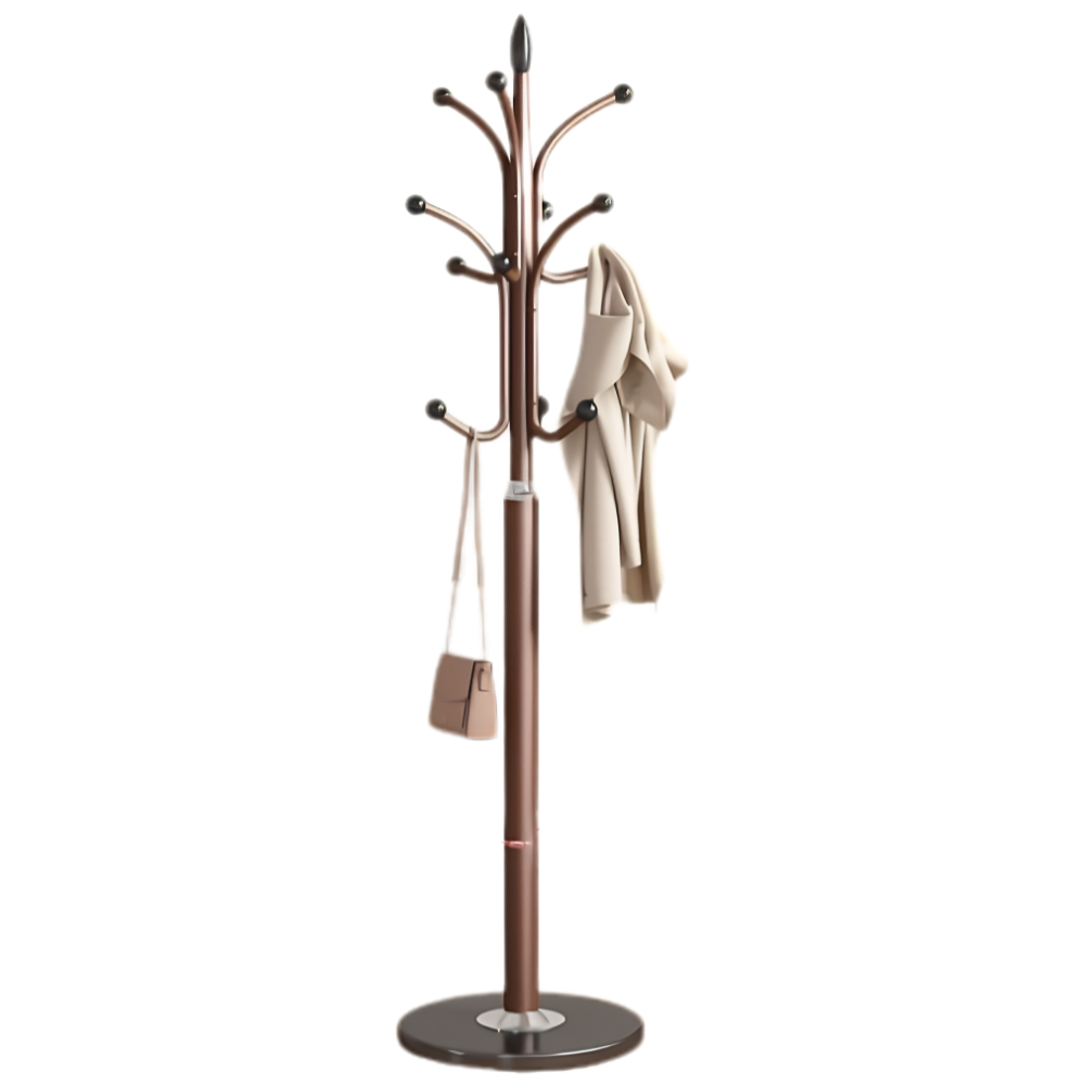 Appendiabiti a piantana in metallo colore bronzo, dimensioni 180x35 cm, con molti ganci e base circolare.