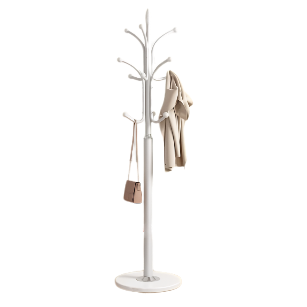 Appendiabiti da terra in ferro bianco, verticale semplice, 180x35 cm, base rotonda, cappotto e borsa beige appesi