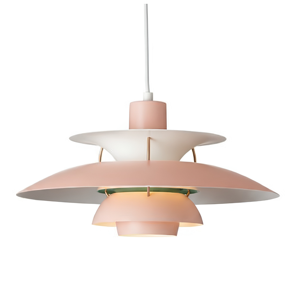 Lampada pendente in alluminio con piatti sovrapposti rosa pesca e bianco, design moderno.