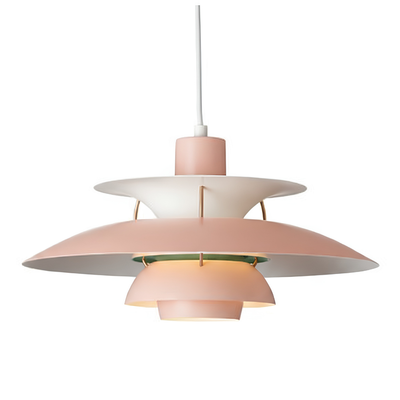 Lampada pendente in alluminio con piatti sovrapposti rosa pesca e bianco, design moderno.