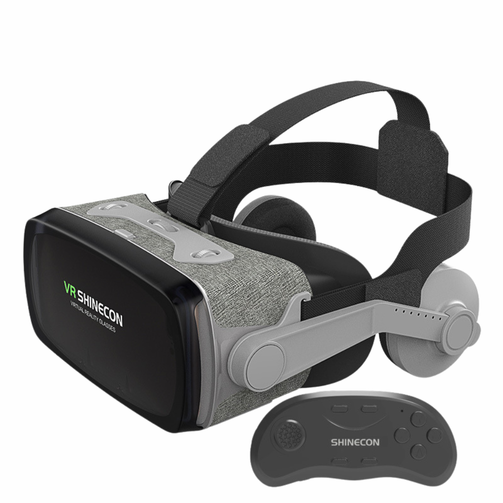 Visore VR Thousand Fantasy 9ª Generazione con tessuto grigio, fascia regolabile e controller incluso.