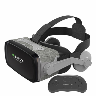 Visore VR Thousand Fantasy 9ª Generazione con tessuto grigio, fascia regolabile e controller incluso.
