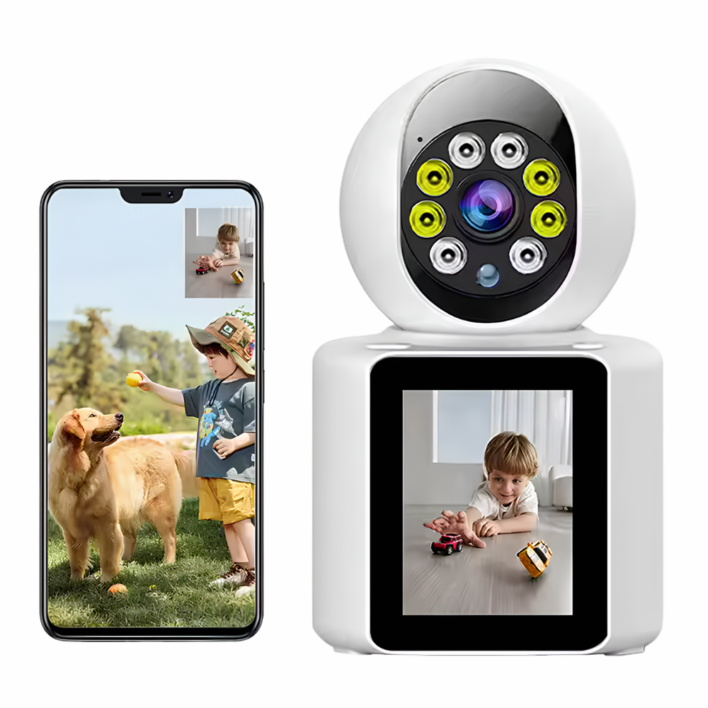 Telecamera di sicurezza domestica 1080p ruotabile con schermo integrato, WiFi e supporto microSD da 64GB.