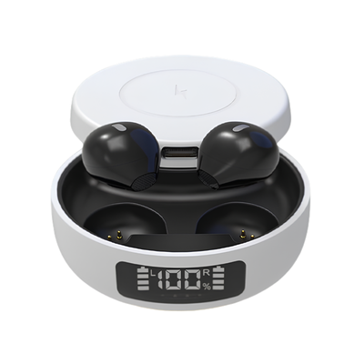 Auricolari wireless Bluetooth 5.0 stereo in custodia di ricarica bianca con schermo batteria al 100%