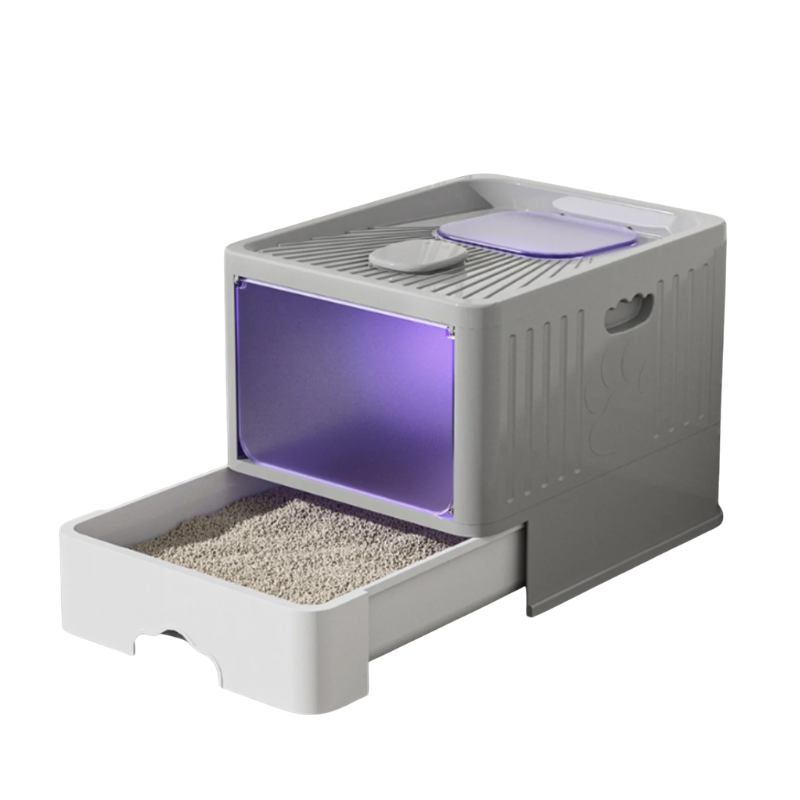 Vasca igienica automatica per gatti con cassetto estraibile, paletta inclusa e lampada UV viola.