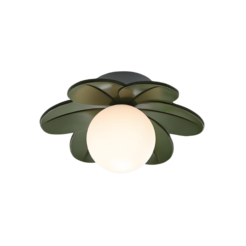 Plafoniera a fiore verde con sfera opaca, ideale per corridoio o balcone; corpo in resina e paralume satinato.