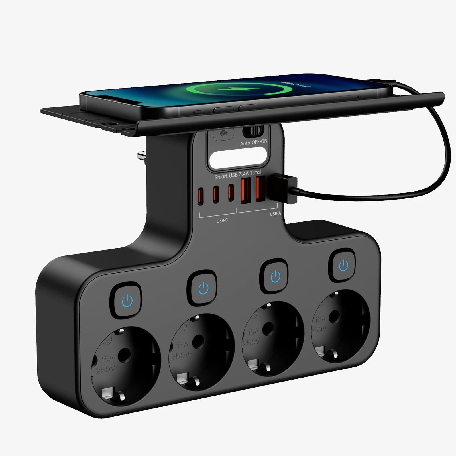 Multipresa EU con prese Schuko, USB-C/USB-A, luce notturna, interruttore indipendente, supporto per smartphone.