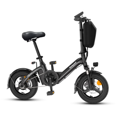 E-bike pieghevole da 14 pollici per città, con borsa anteriore.