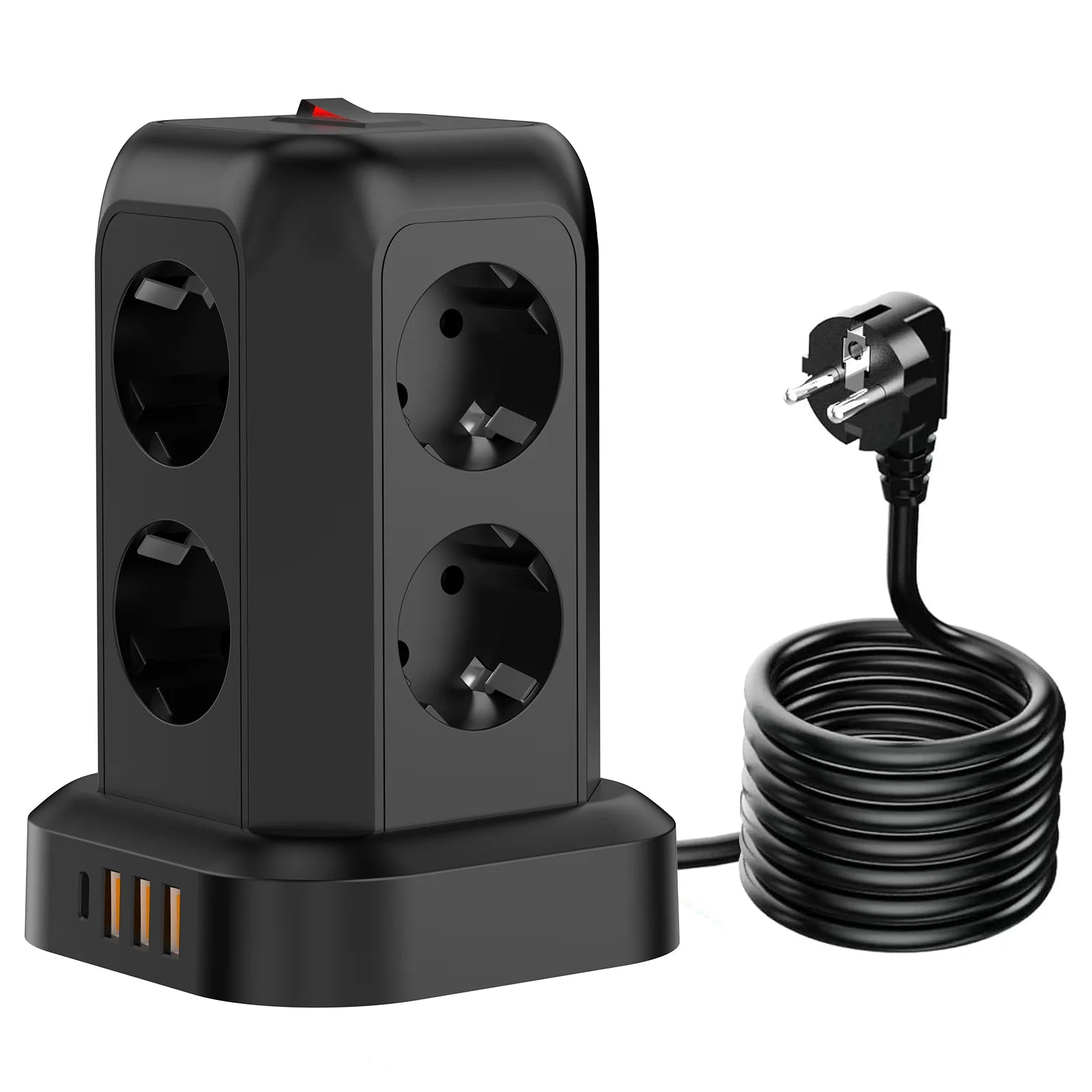 Multipresa Tower 8 prese, verticale, spina EU, cavo 1,8 m, 3 USB e Type-C, protezione da sovraccarico.