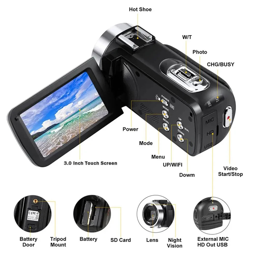Videocamera HD 1080P Zoom 16x Bilanciamento Bianco 16.0 Mega Pixels LED Light Schermo Rotante 270° - IN POWER SMARTECH