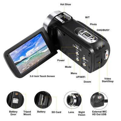 Videocamera HD 1080P Zoom 16x Bilanciamento Bianco 16.0 Mega Pixels LED Light Schermo Rotante 270° - IN POWER SMARTECH