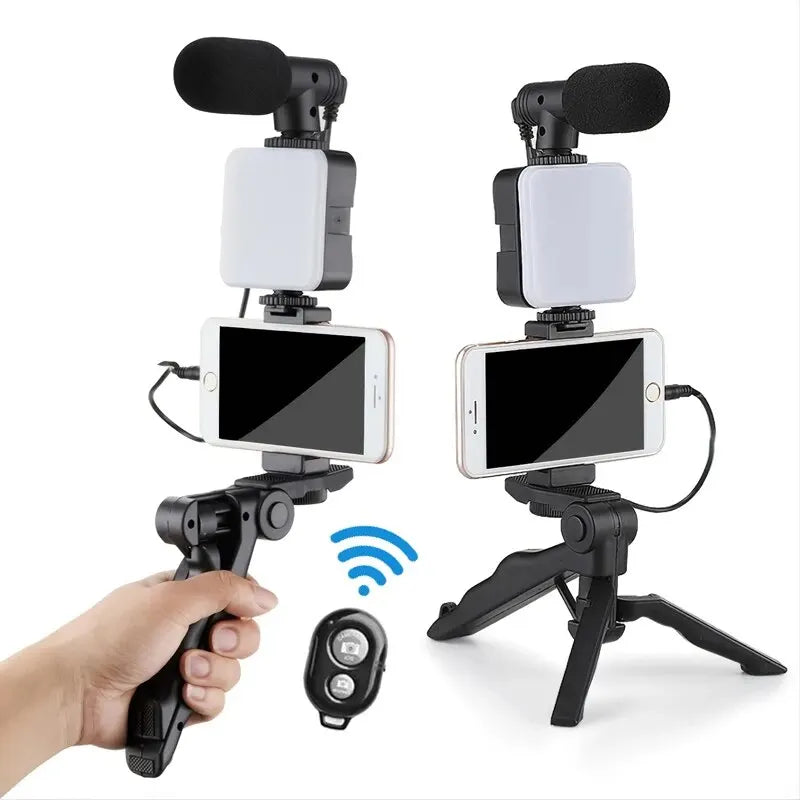 Supporto Cellulare Foto Video Treppiedi Luce LED Microfono Telecomando Controllo Remoto Acciaio Plastica Resistente Stabile Accessori - POWER SMARTECH
