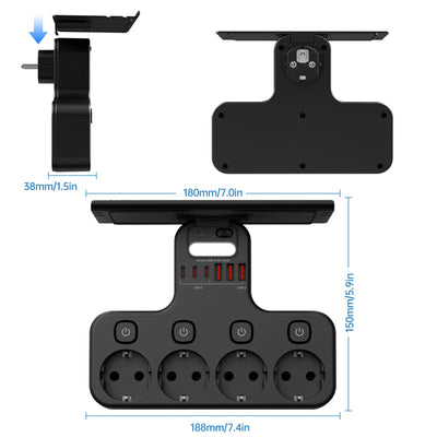 Multipresa da 4000W con spina EU, prese europee, luce notturna, interruttore indipendente e porte USB-C