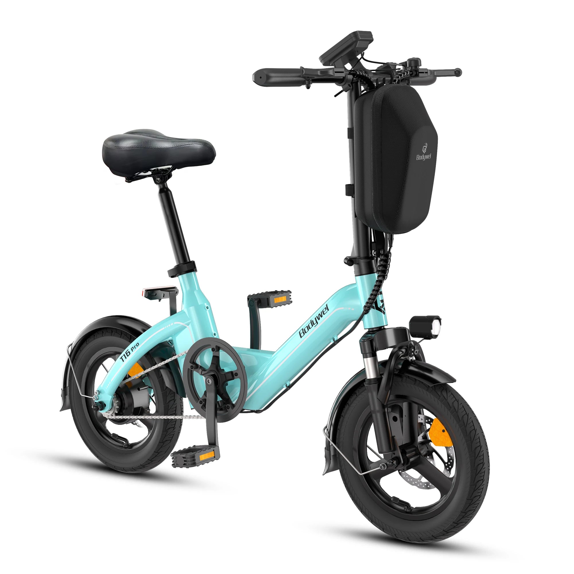 Bici elettrica pieghevole con ruote da 14 pollici, telaio azzurro, sacca nera frontale sul manubrio.