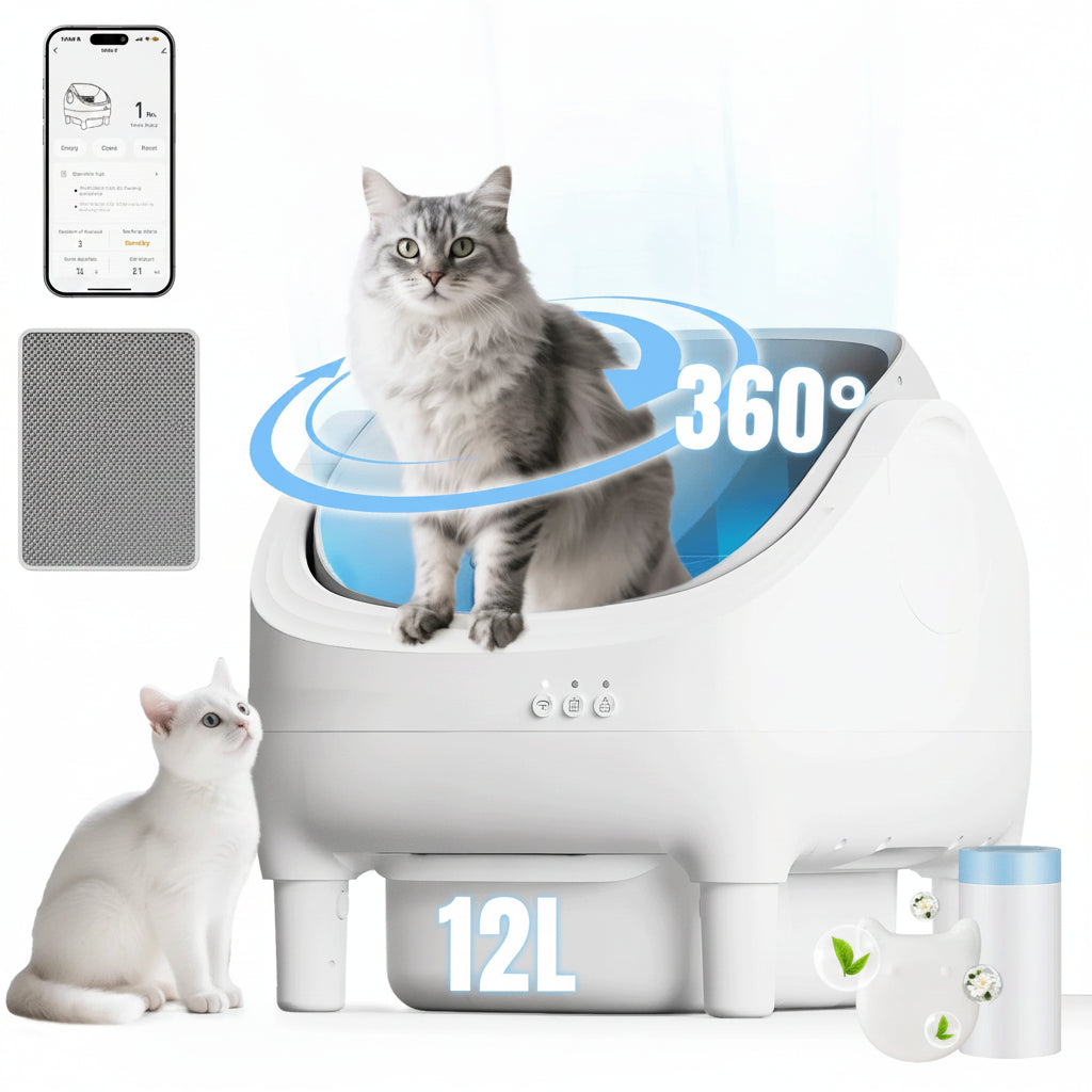 Box lettiera auto-pulente per gatti da 12L con controllo odori e basso rumore, smontaggio rapido e lavabile.