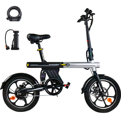Bici elettrica pieghevole unisex da 16 pollici, batteria 36V 12.8Ah, autonomia 60 km, tre modalità e sella regolabile.
