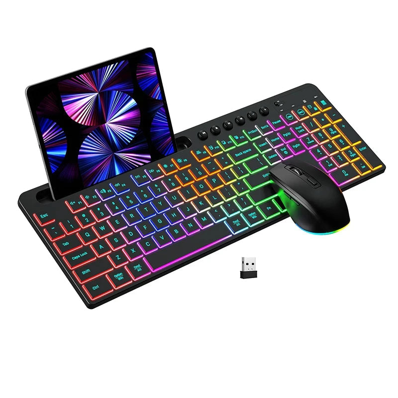 Tastiera Wireless Retroilluminata Mouse Combinato Supporto Telefono/Tablet PC Portatile