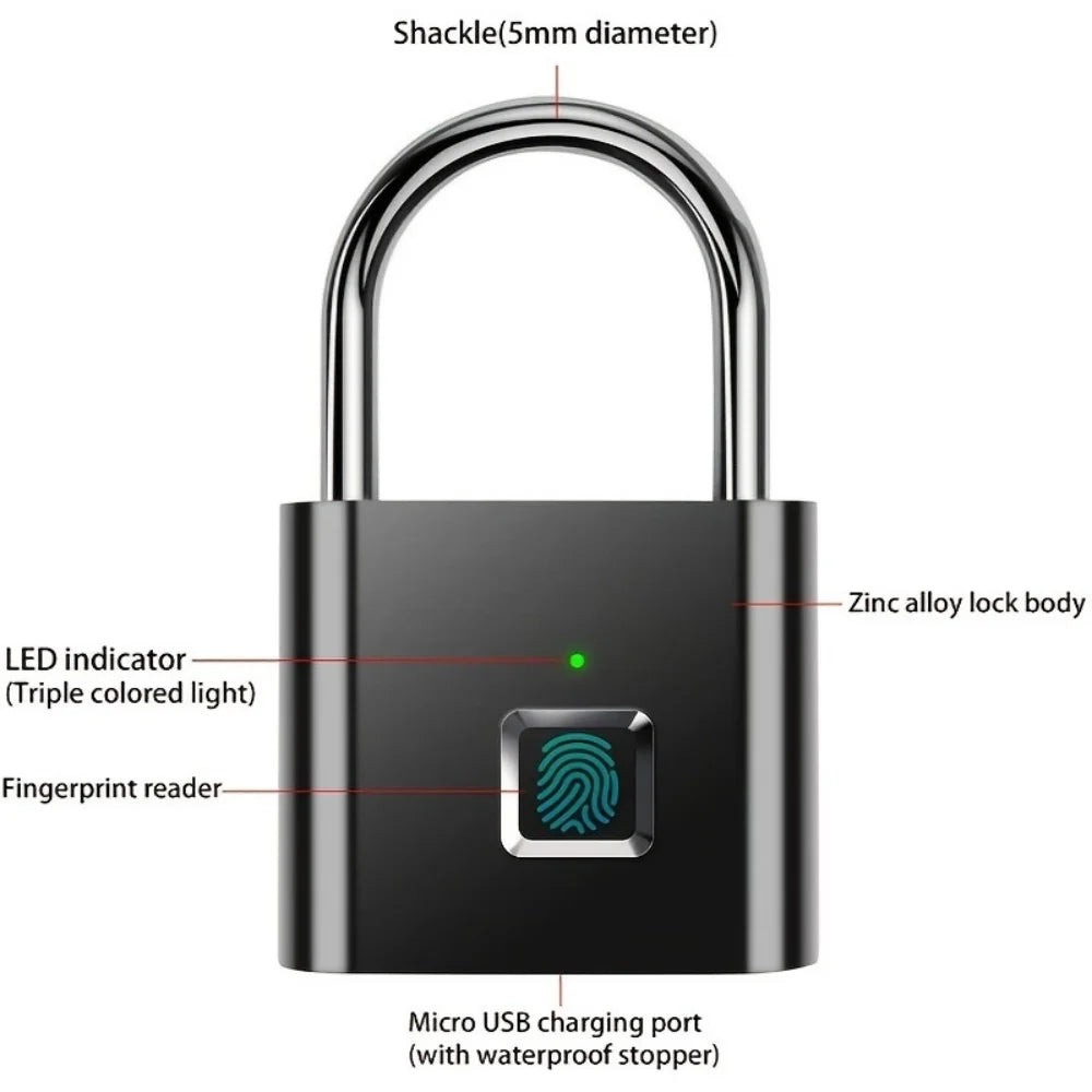 Lucchetto Impronta Digitale 20 Impronte Registrabili Batteria Ricaricabile USB Zinco Nero Argento Sicurezza Prontezione - POWER SMARTECH
