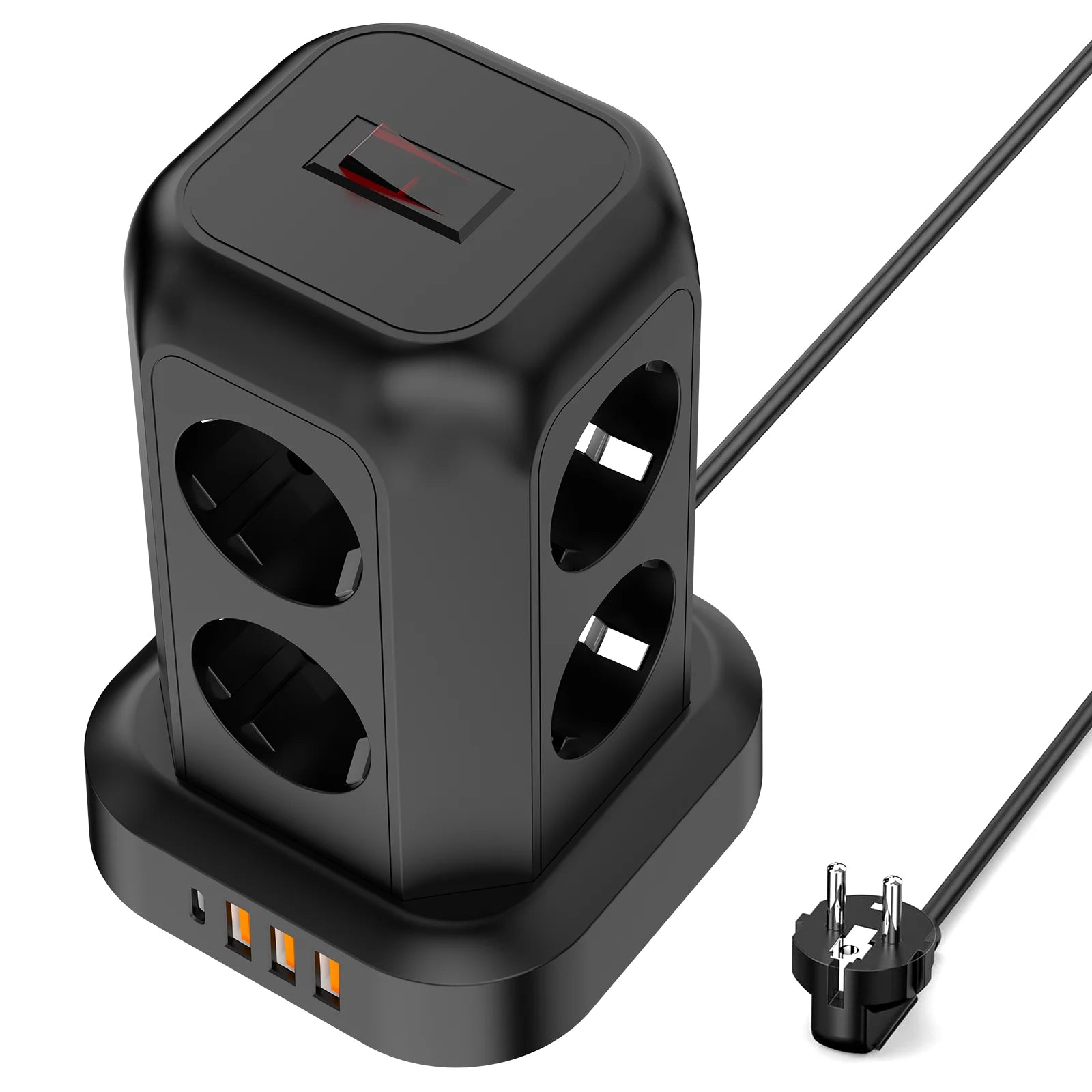 Multipresa verticale a torre con 8 prese, cavo 1,8 m, spina EU, 3 USB e Type-C, interruttore protezione sovraccarico.
