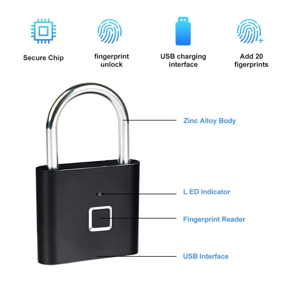 Lucchetto Impronta Digitale 20 Impronte Registrabili Batteria Ricaricabile USB Zinco Nero Argento Sicurezza Prontezione - POWER SMARTECH