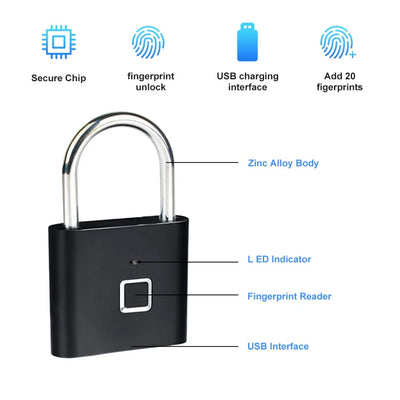 Lucchetto Impronta Digitale 20 Impronte Registrabili Batteria Ricaricabile USB Zinco Nero Argento Sicurezza Prontezione - POWER SMARTECH
