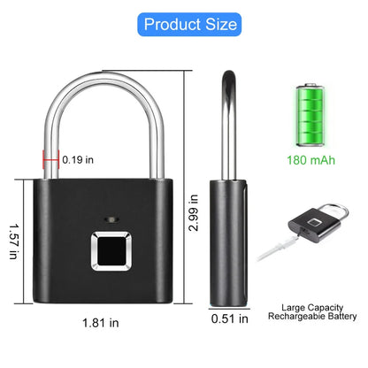 Lucchetto Impronta Digitale 20 Impronte Registrabili Batteria Ricaricabile USB Zinco Nero Argento Sicurezza Prontezione - POWER SMARTECH