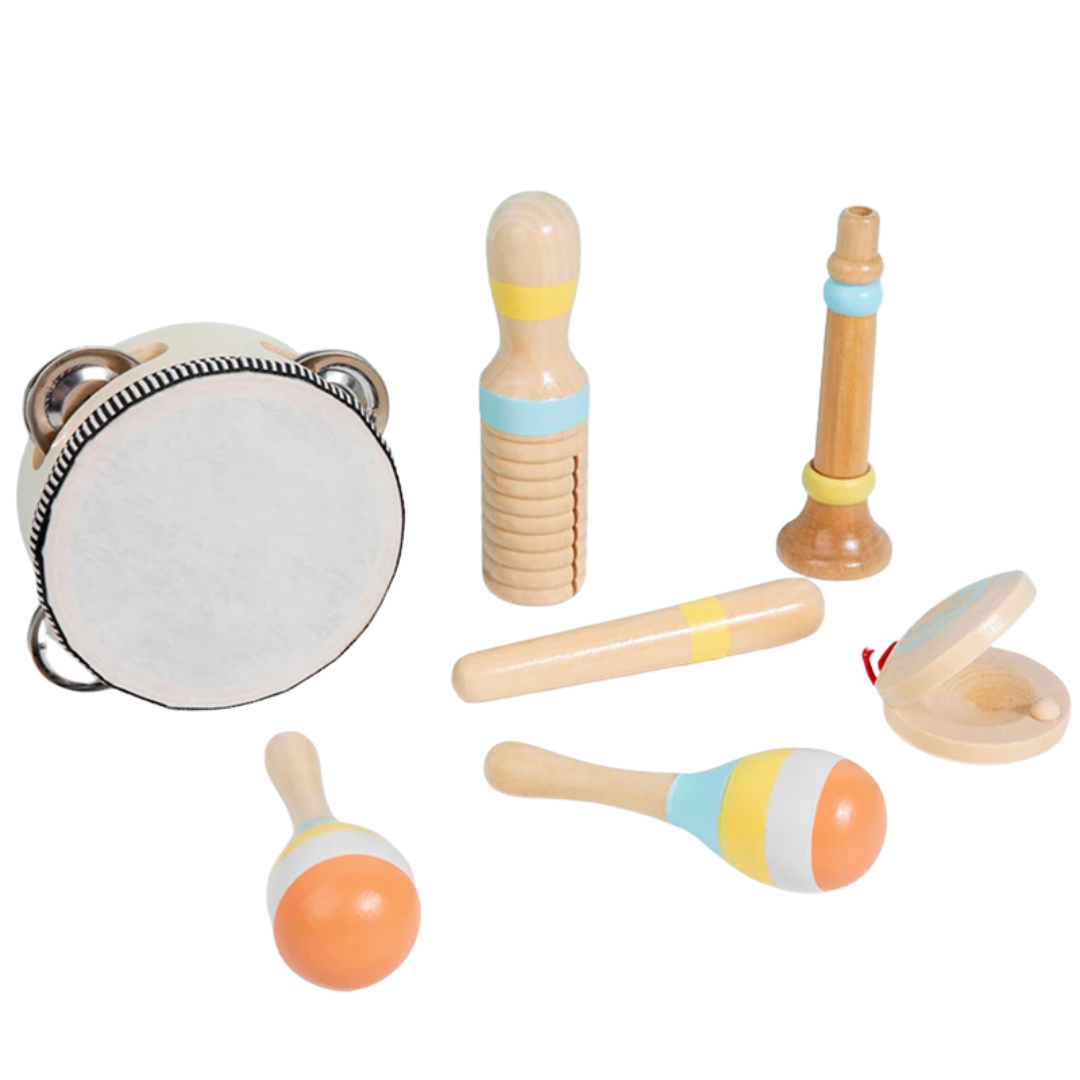 Strumenti Musicali Set 7 Pezzi Tamburello Legno Tela Acciaio Colore Marrone Chiaro