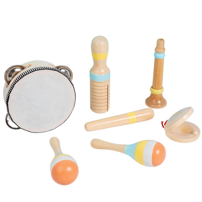 Strumenti Musicali Set 7 Pezzi Tamburello Legno Tela Acciaio Colore Marrone Chiaro