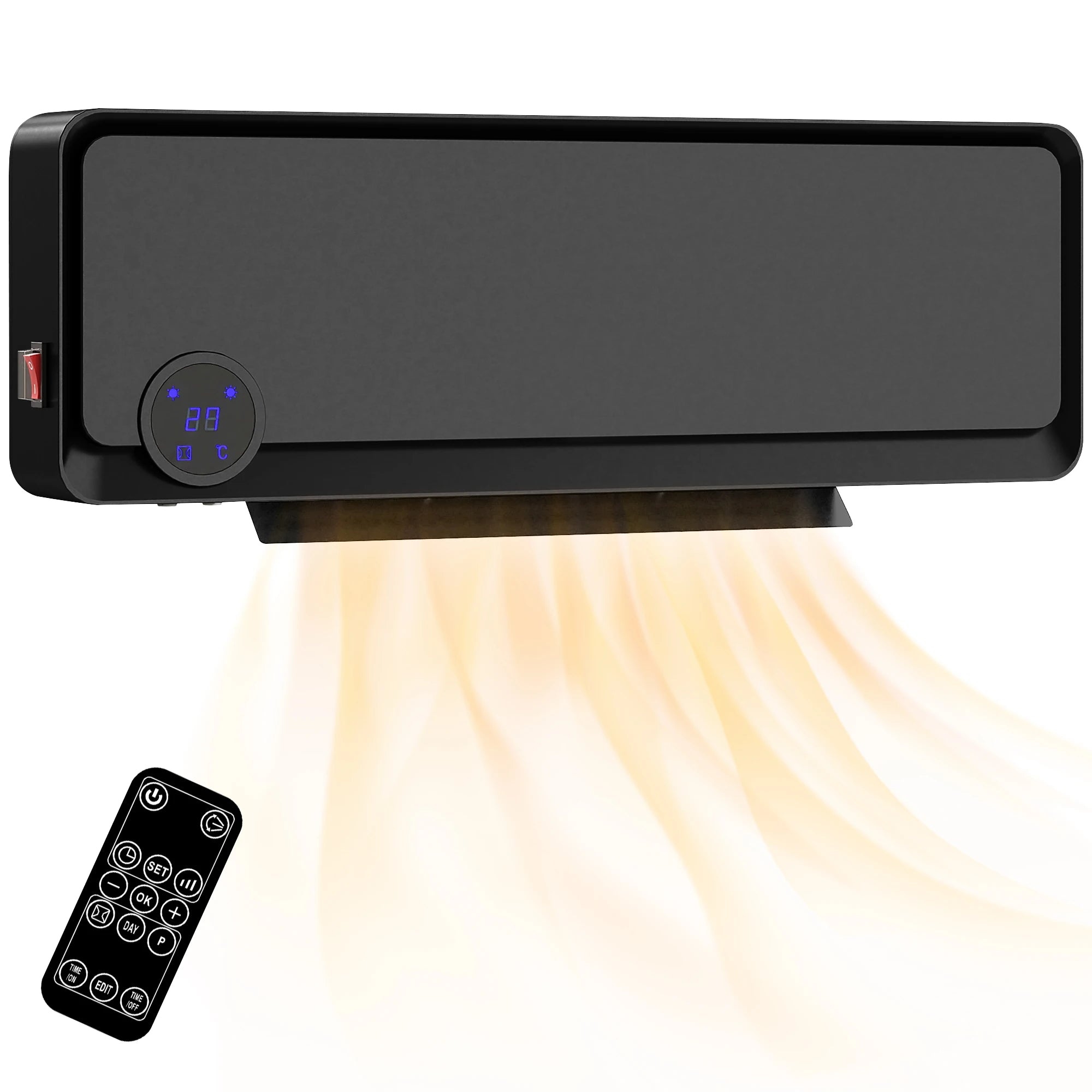 Stufa Elettrica Parete 1000W/2000W Stufa Display Led Telecomando Nero