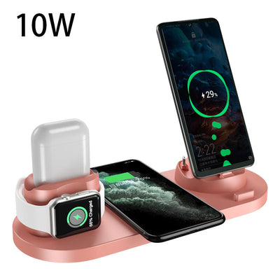 Dock di ricarica wireless 6 in 1 rosa per smartphone, orologio e auricolari, compatibile USB, indicatore LED