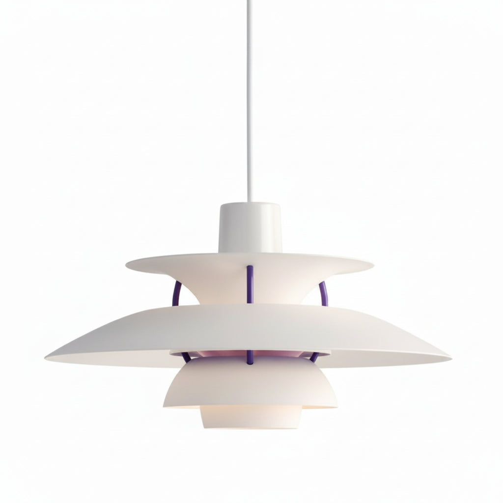 Lampada pendente in alluminio bianco con piastre sovrapposte e supporti viola, design moderno per soggiorno