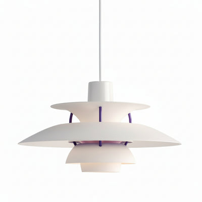 Lampada pendente in alluminio bianco con piastre sovrapposte e supporti viola, design moderno per soggiorno