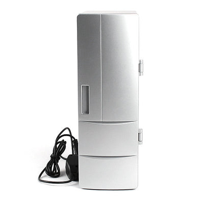 Mini frigorifero USB a doppia funzione freddo/caldo, alimentato a 5V USB, 10W, contiene due bevande, cavo incluso.