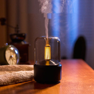 Diffusore umidificatore USB 120ml, 8-12h, con luce a candela, olio diretto, vapore freddo, chip integrato, LED notte