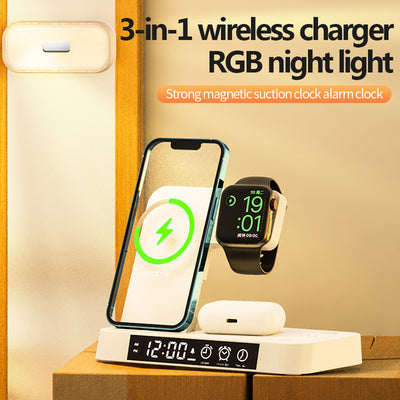 Stazione di ricarica wireless 4-in-1 con sveglia digitale, supporto pieghevole e luce RGB notturna