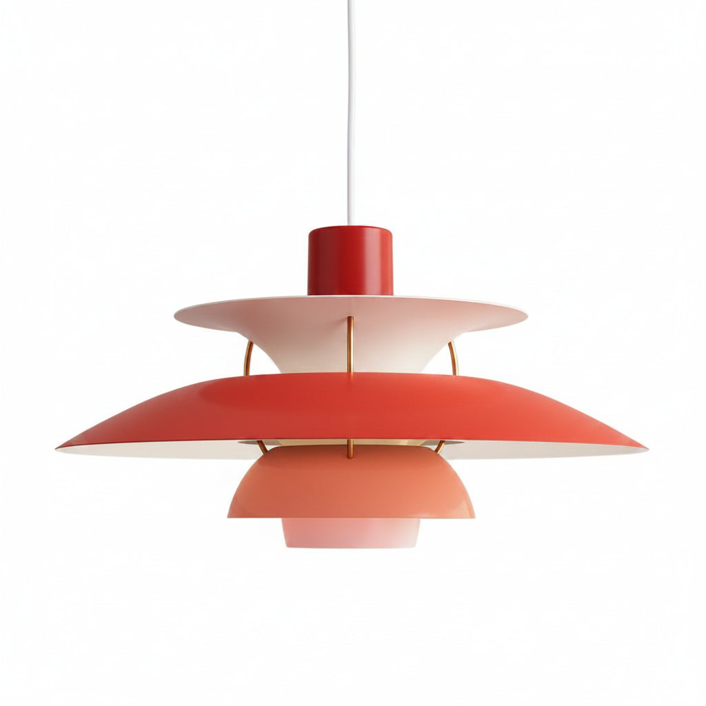 Lampada a sospensione in alluminio con dischi sovrapposti rossi e rosa, design moderno per soggiorno o camera da letto