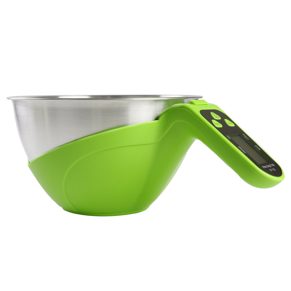 Bilancia elettronica da cucina aggiornata, corpo verde in ABS, ciotola in acciaio inox, display LCD, 2×AAA incluse