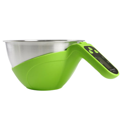 Bilancia elettronica da cucina aggiornata, corpo verde in ABS, ciotola in acciaio inox, display LCD, 2×AAA incluse