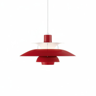 Lampada pendente in alluminio rossa, dischi sovrapposti; ideale soggiorno o camera da letto.