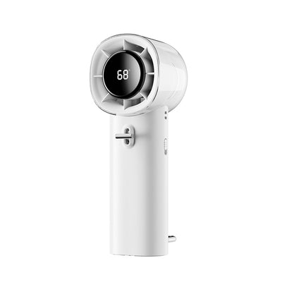 Ventilatore portatile ad alta velocità con raffreddamento, batteria agli ioni di litio, motore brushless, USB, bianco.