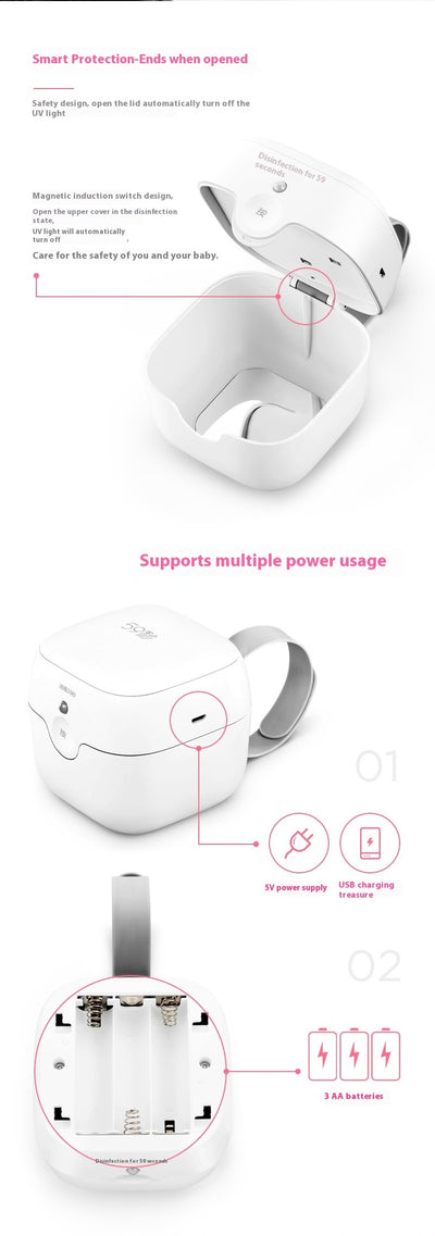 Scatola disinfettante UV LED mini per ciucci, bianca, alimentazione USB/batteria, sterilizzazione 99,9%